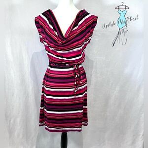 Pink striped cowl neck belted dress size medium